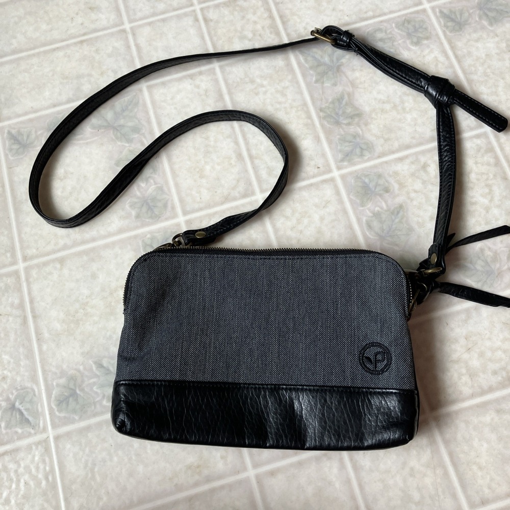 PISTIL Crossbody Purse Black Faux Leather Gray Canvas 9"x6 " Brass Hardware